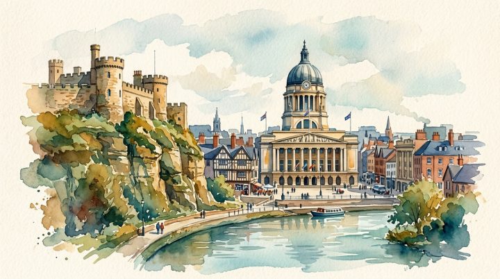 Nottingham watercolor landmark illustration